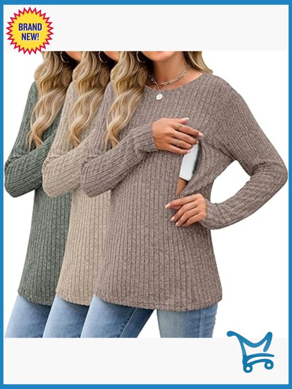 3 Pack Nursing Tops Long Sleeve Maternity Ribbed Sweaters Hidden Zipper